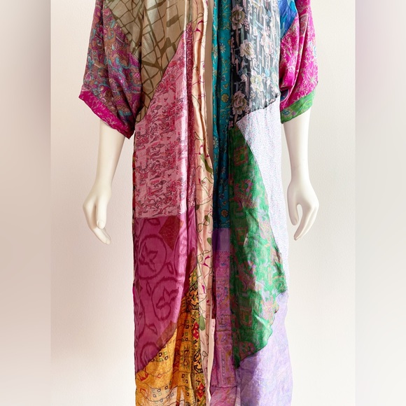 Sacred Threads Silk Kimono Robe Multicolor Patchwork Small - Picture 12 of 16